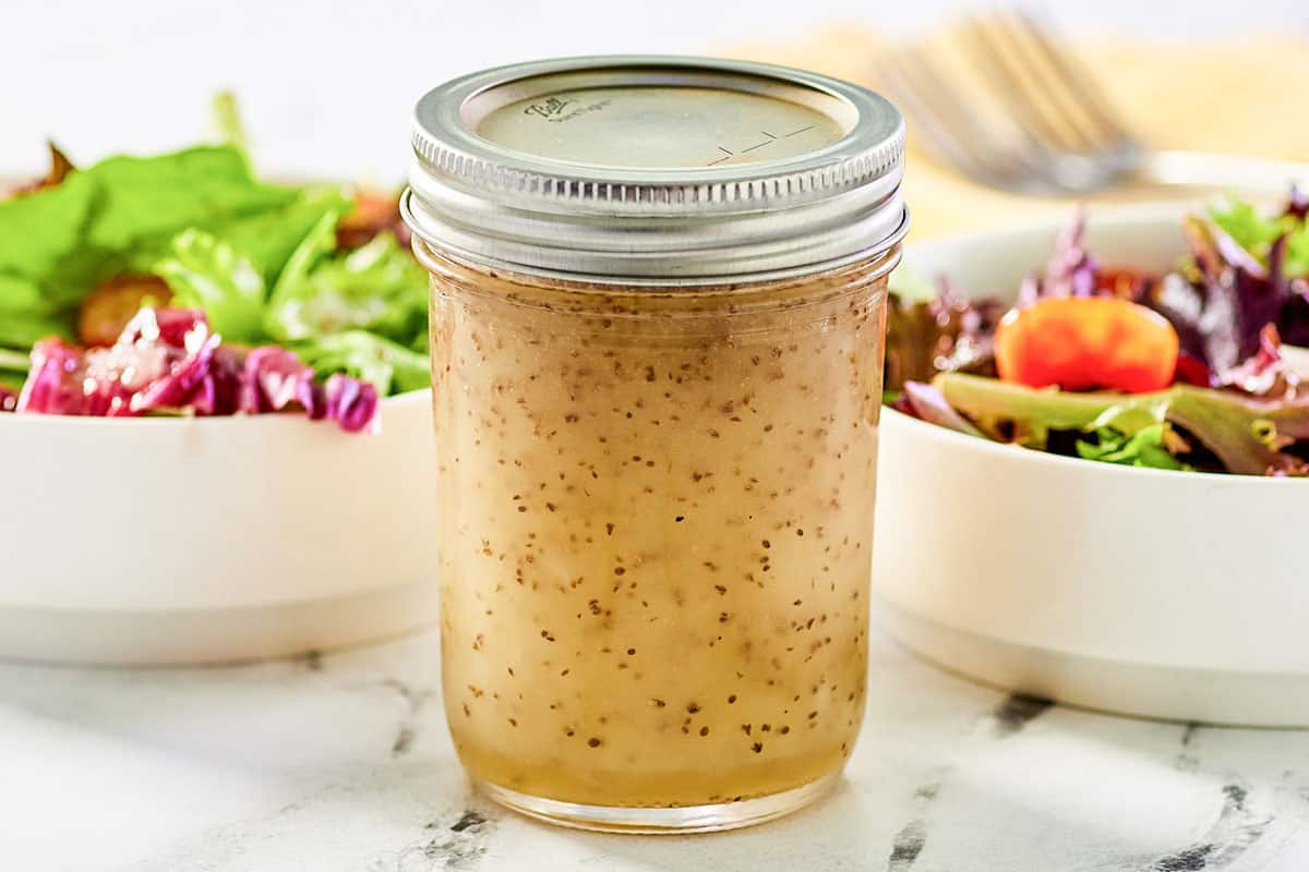 Ingredients for a homemade celery seed vinaigrette salad dressing